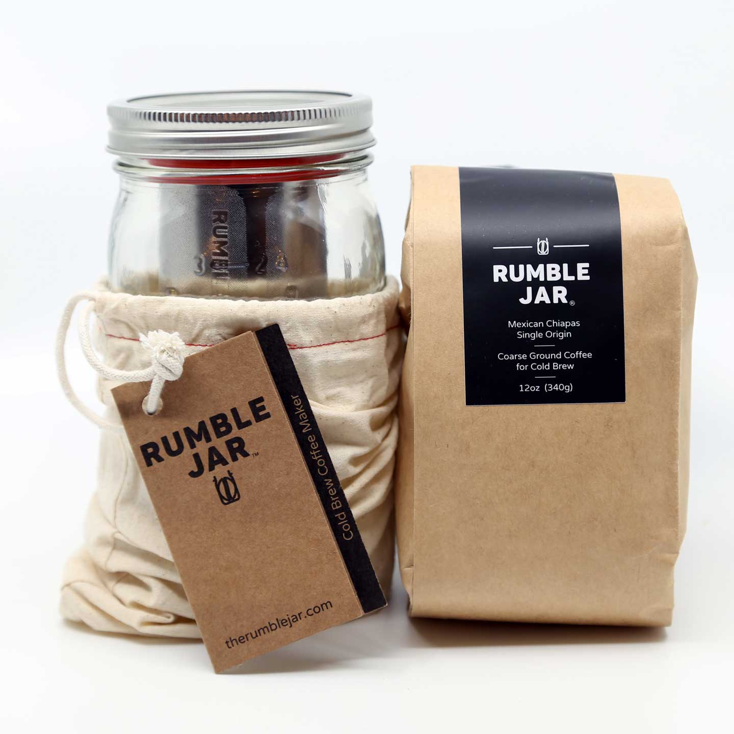 Rumble Jar 32oz brewing kit with bag of coarse grounds