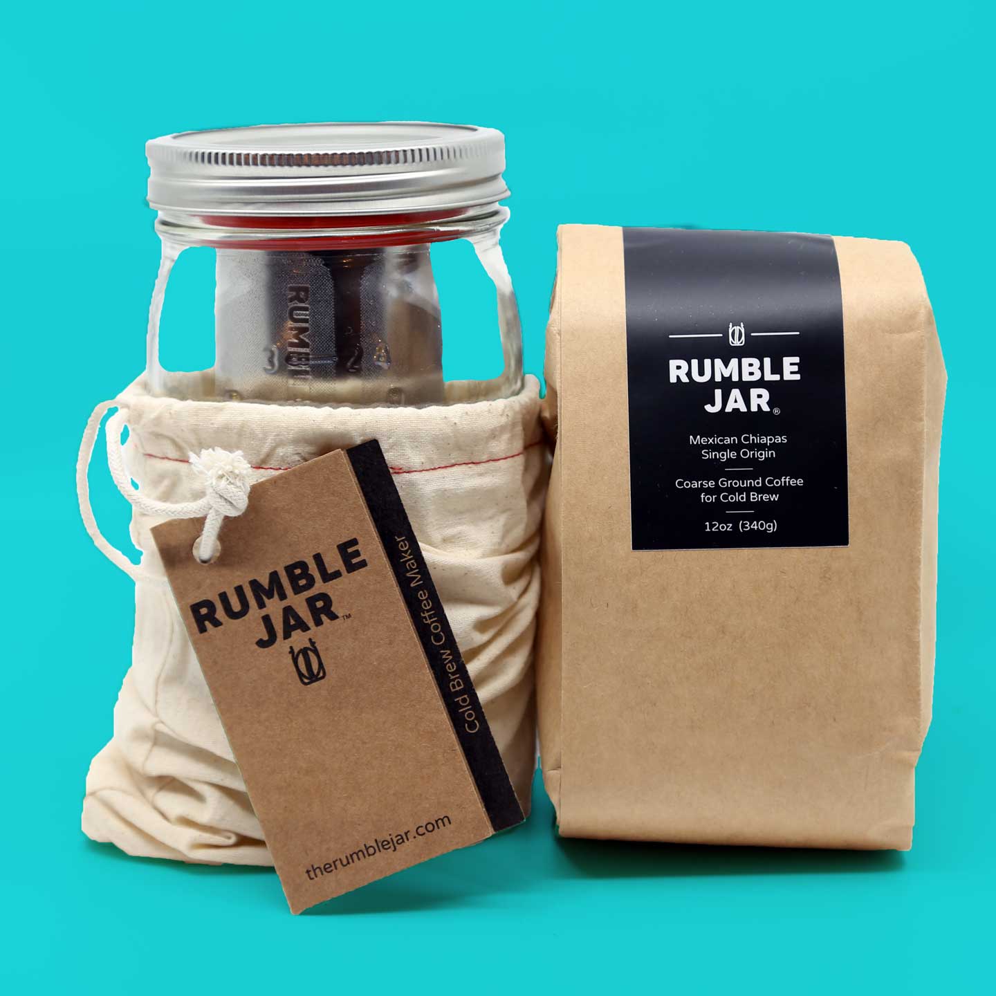Rumble Jar 32oz brewing kit with bag of coarse grounds