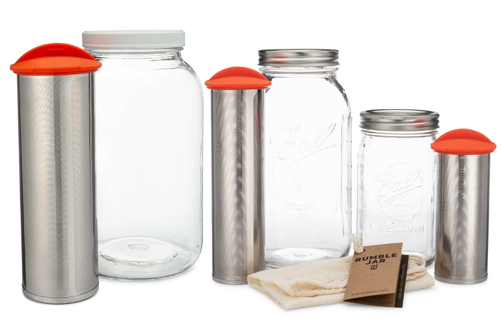 The three sizes of Rumble Jar filters: one gallon, half gallon, quart 