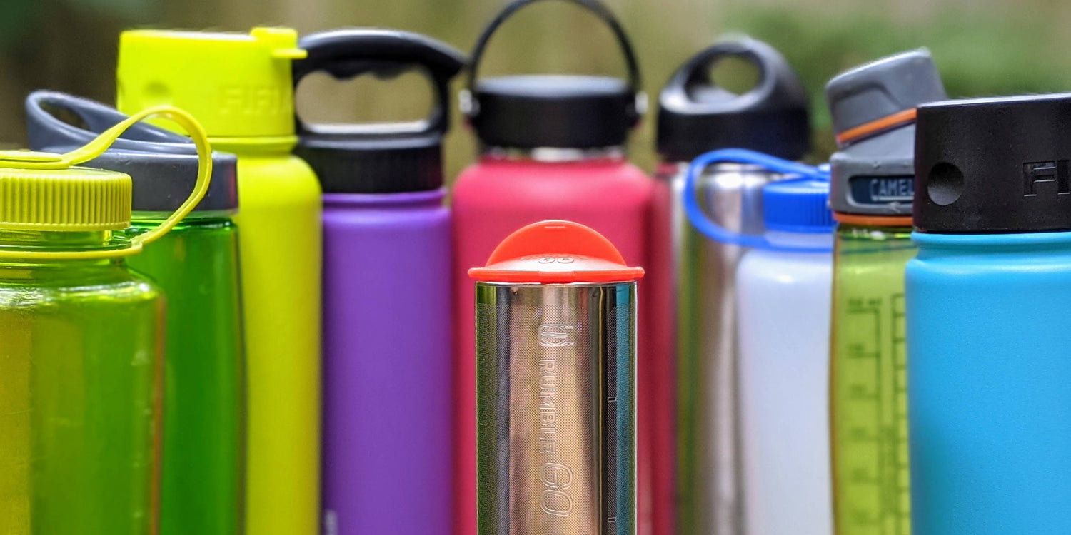 Rumble Go is compatible with a wide range of wide mouth reusable water bottles