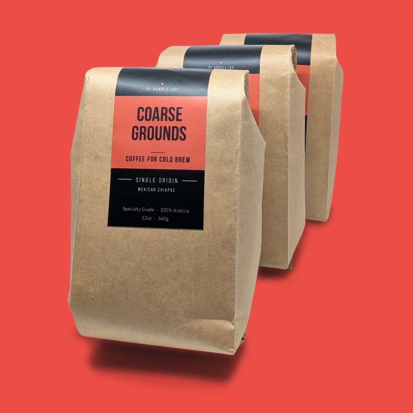 3 bags of Rumble Jar coarse ground coffee for cold brew - peach background