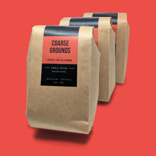 3 bags of Rumble Jar coarse ground coffee for cold brew - peach background