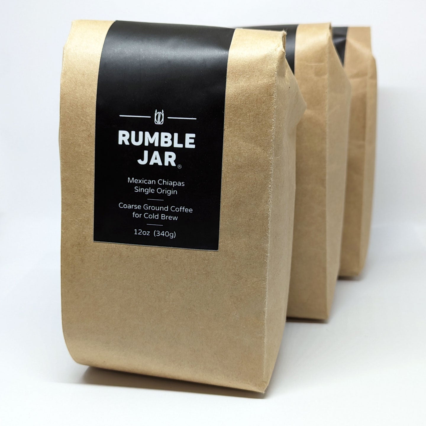 3 bags of Rumble Jar coarse ground coffee for cold brew - white background