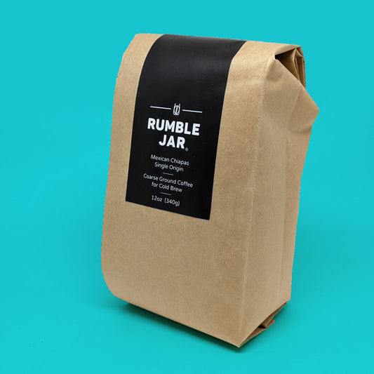 Rumble Jar bag of Mexican Chiapas single origin coarse ground coffee for cold brew 12oz (340g) - blue background