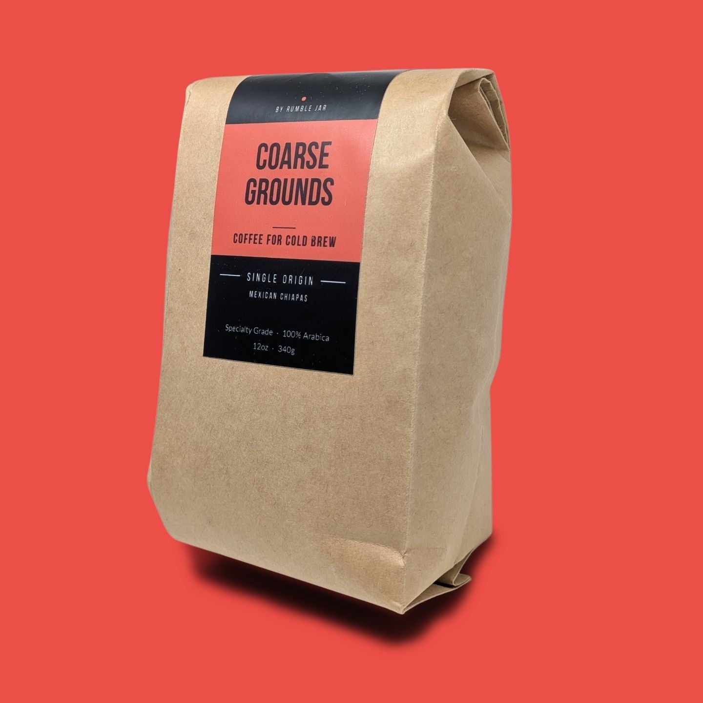 Rumble Jar bag of Mexican Chiapas single origin coarse ground coffee for cold brew 12oz (340g) - peach background