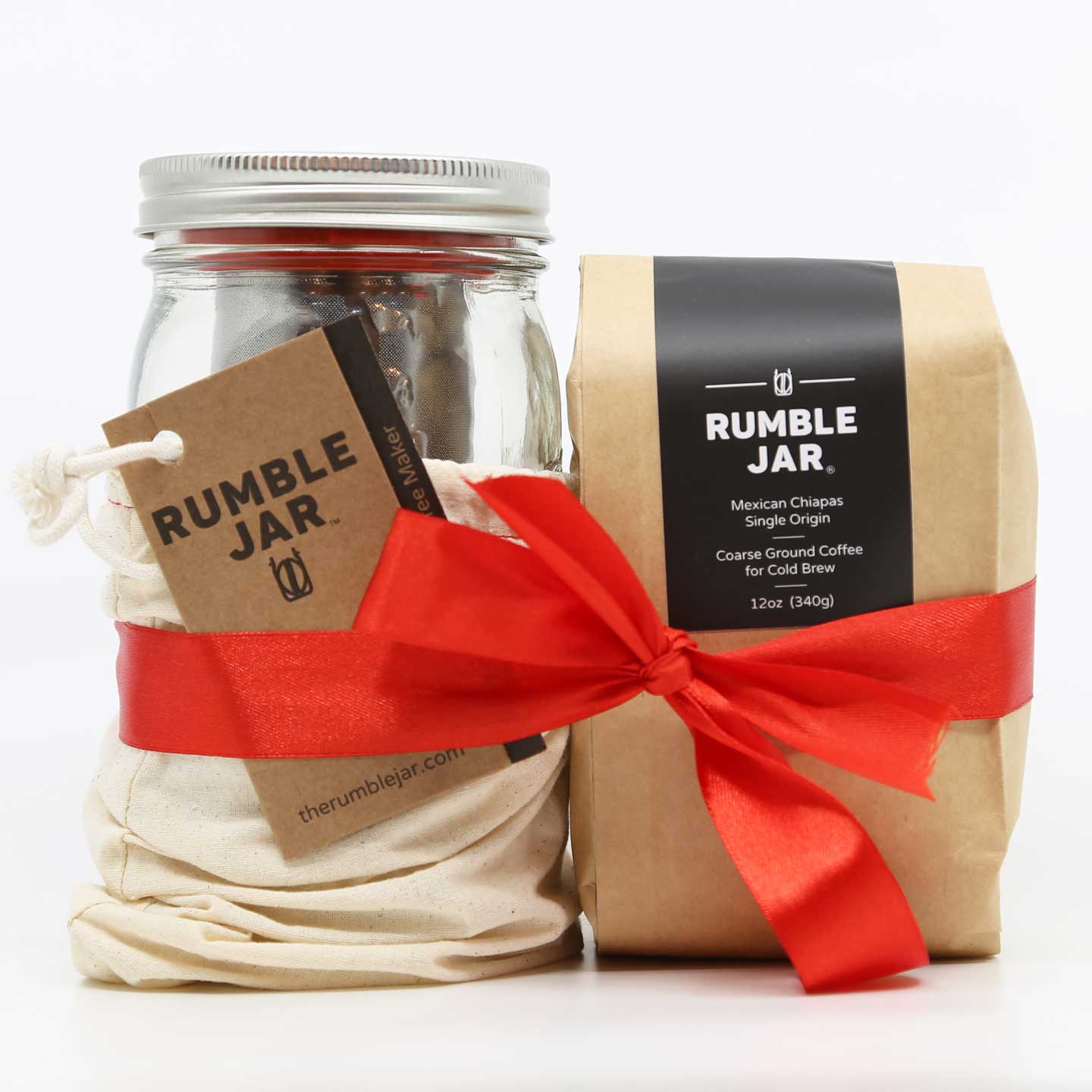 Rumble Jar 32oz brewing kit with bag of coarse grounds wrapped in bow