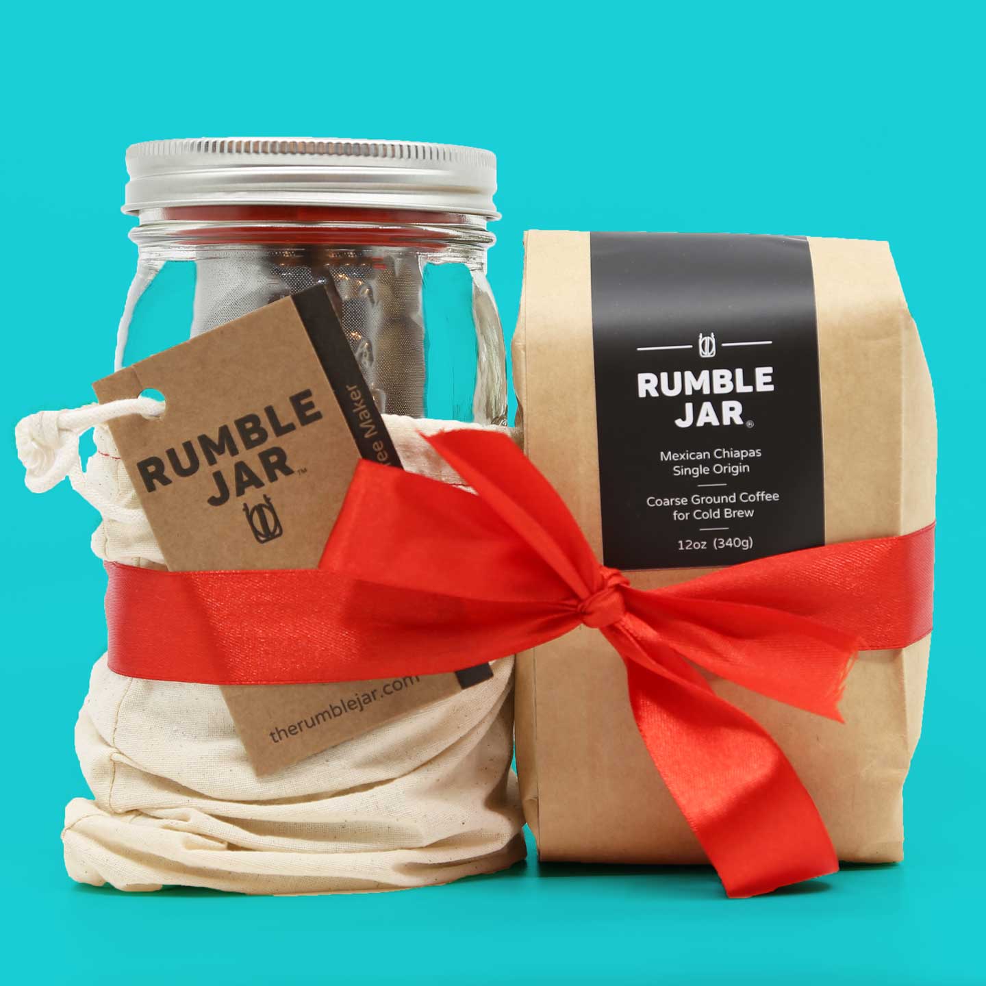 Rumble Jar 32oz brewing kit with bag of coarse grounds wrapped in bow