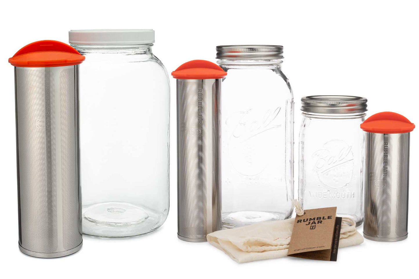 The three sizes of Rumble Jar filters: one gallon, half gallon, quart