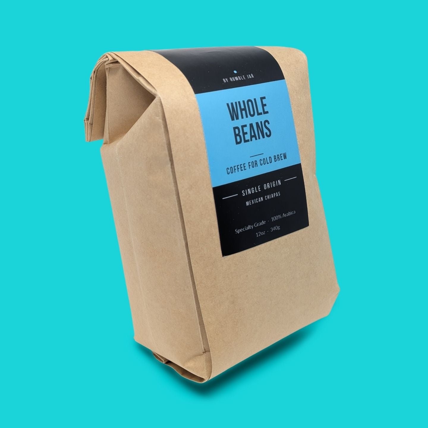Rumble Jar bag of Mexican Chiapas single origin whole bean coffee for cold brew 12oz (340g) - blue background