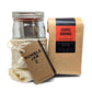 Rumble Jar 32oz brewing kit with bag of coarse grounds  - white background