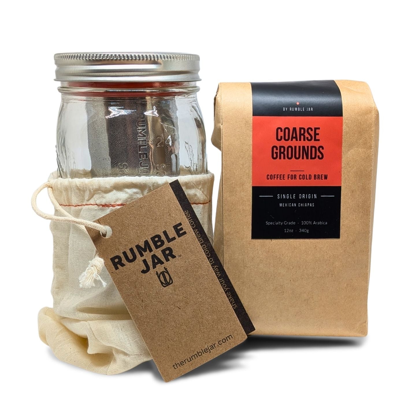 Rumble Jar 32oz brewing kit with bag of coarse grounds  - white background
