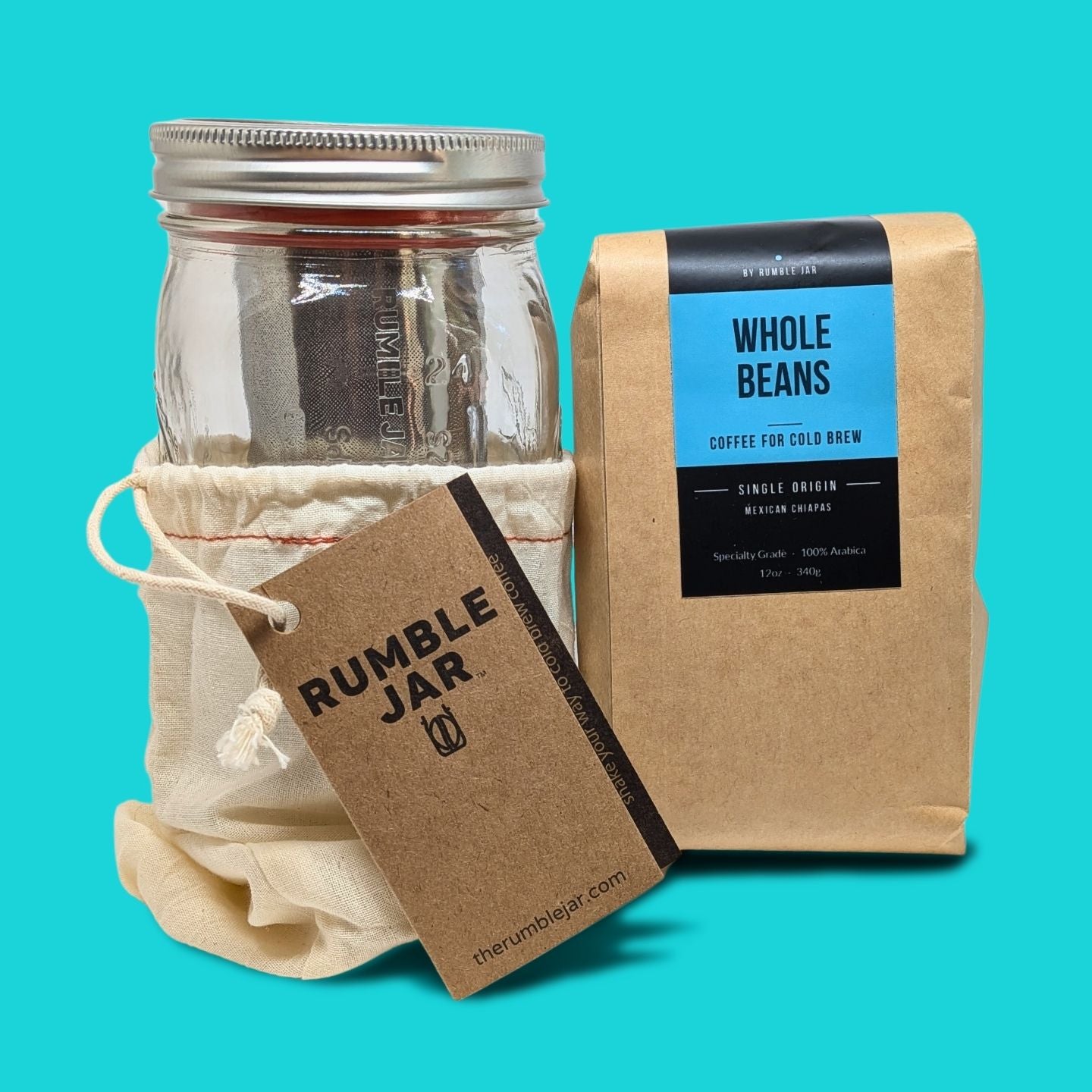 Rumble Jar 32oz brewing kit with bag of whole beans - blue background 