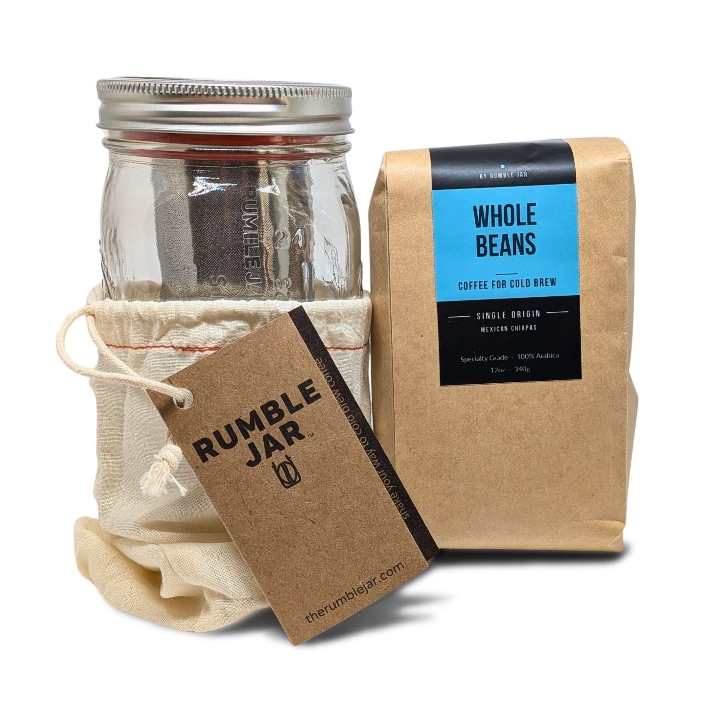 Rumble Jar 32oz brewing kit with bag of whole beans - white background