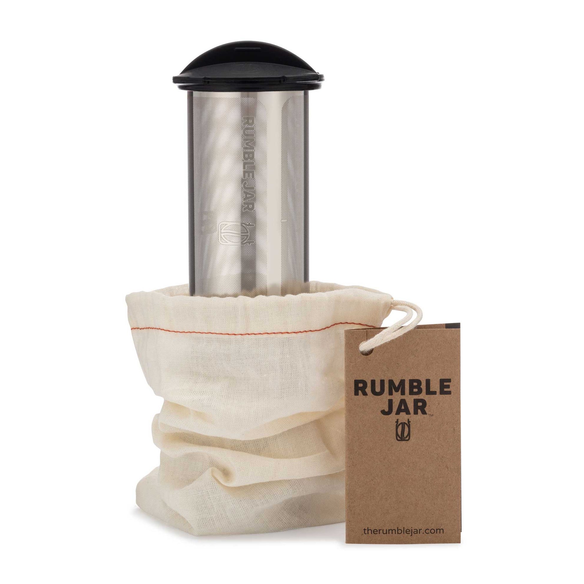 Rumble Jar 32oz filter with black cap in cotton filter bag