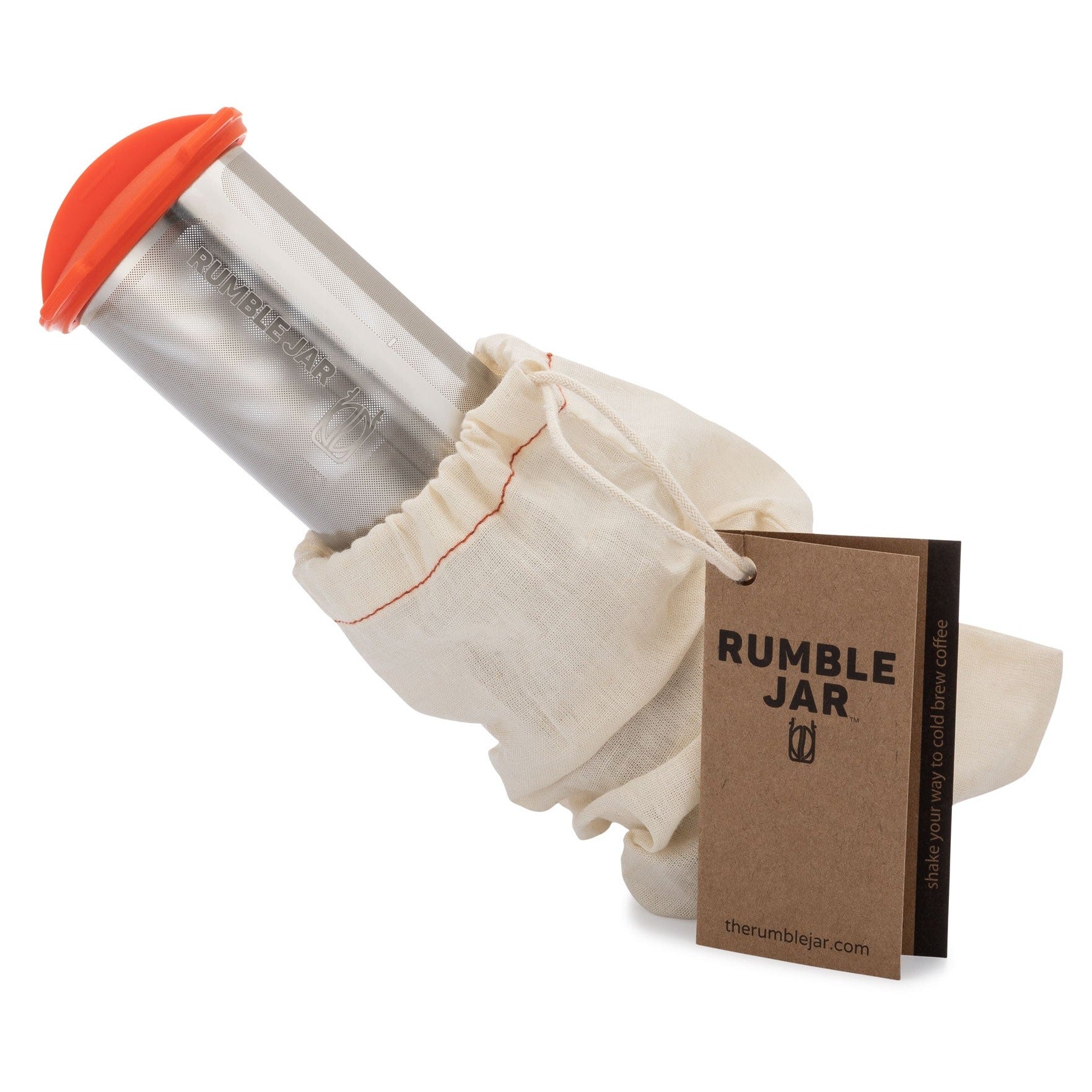 Rumble Jar cold brew coffee filter with orangey-red cap cotton filter sock and hangtag