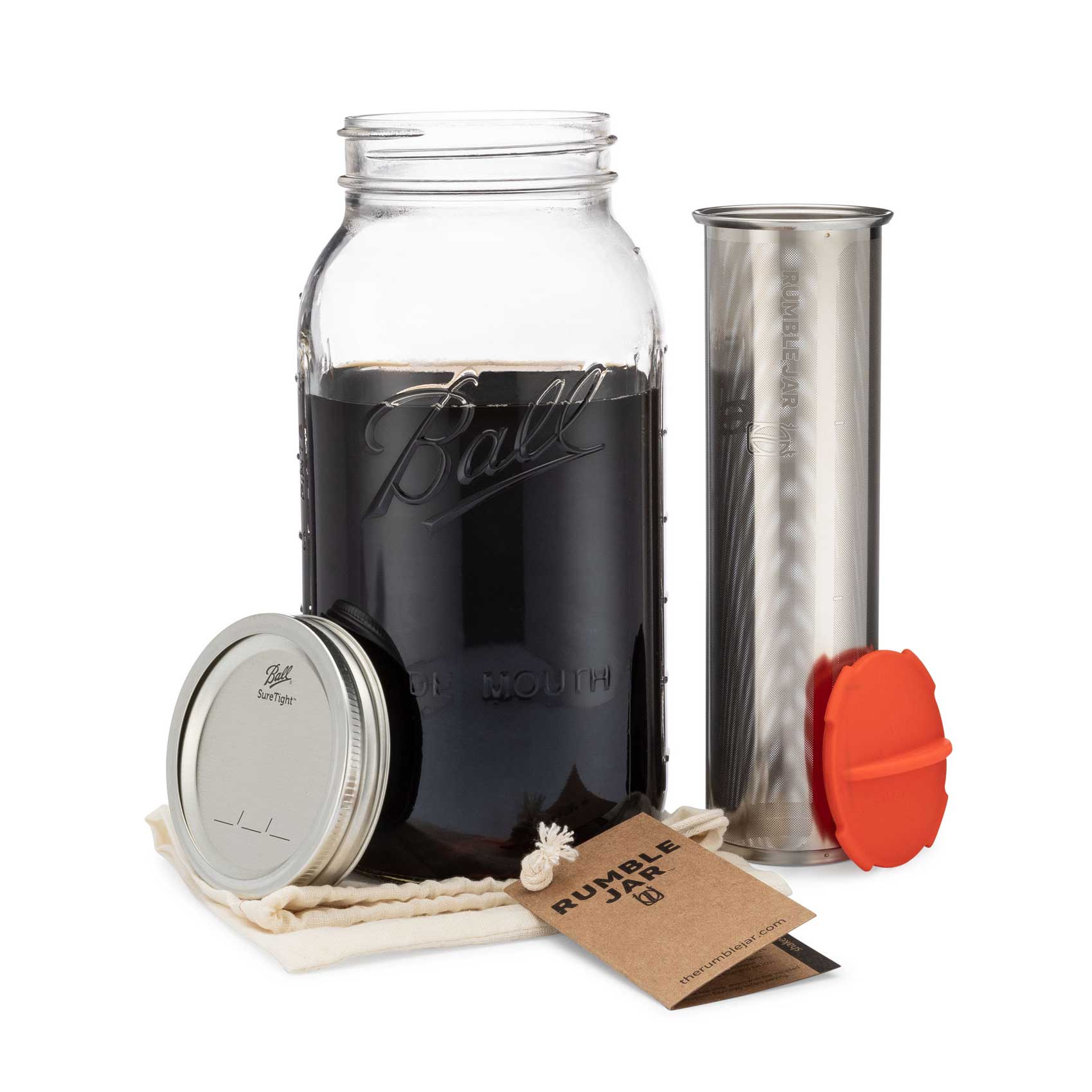 Rumble Jar half gallon 64 ounce cold brew coffee filter with orangey-red cap cotton filter sock and hangtag next to a Mason jar
