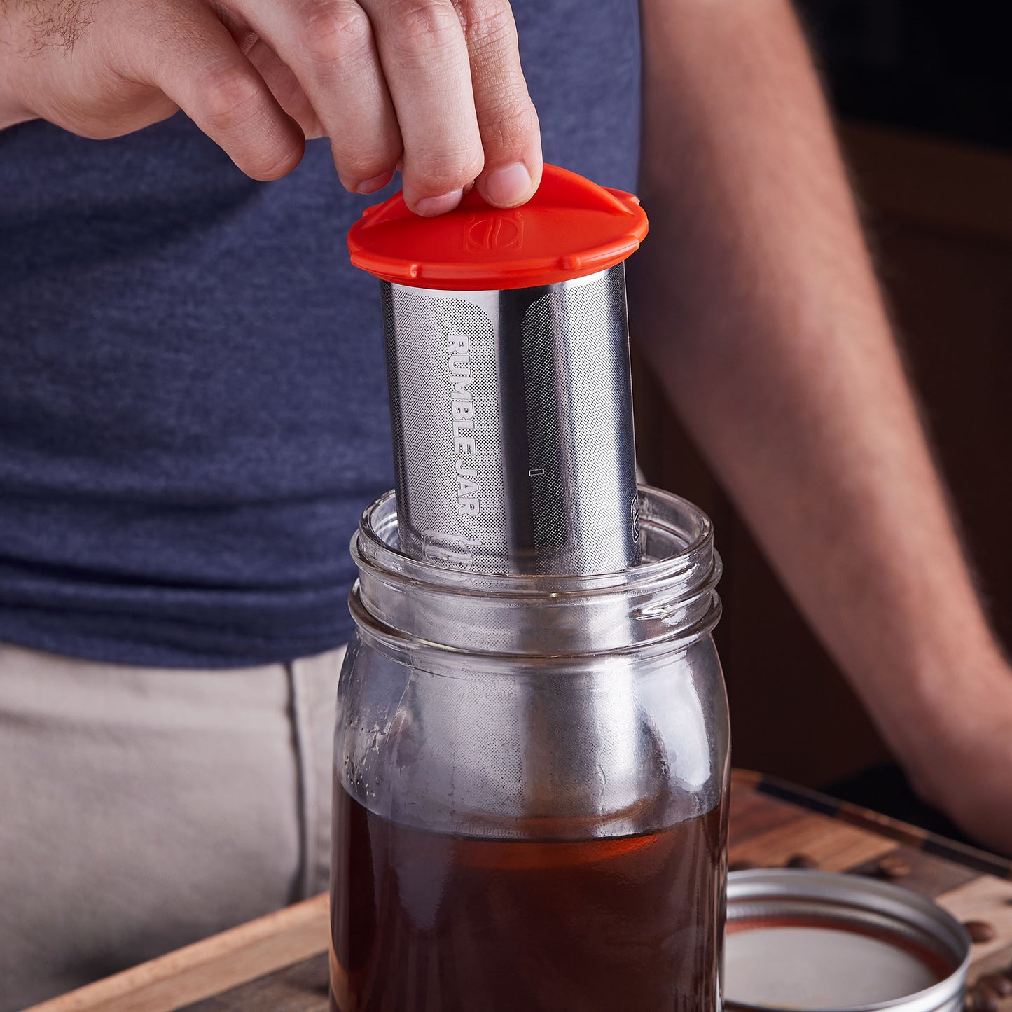 Rumble Jar's cold brew coffee filter fits entirely inside the Mason jar